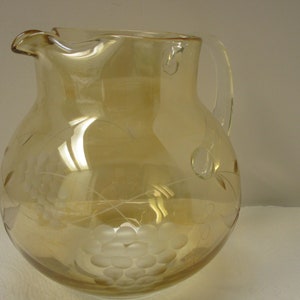 Amber Blown Glass Pitcher Etched Blown Glass Pitcher Yellow Glass Pitcher Etched Grape Blown Glass Pitcher Amber Glass Applied Handle Amber