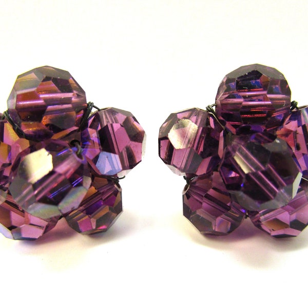 Estate 1950s Miriam Haskell Style Earrings Czech Blown Faceted Purple Glass Vibrant Iridescent Clips cut blown glass cluster Earrings