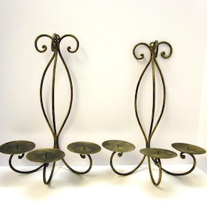Antique Brass Color Tall Wrought Iron Triple Candleholder Wall Sconce Set Pillar Candleholders  Sconces Indoor Outdoor Candleholders