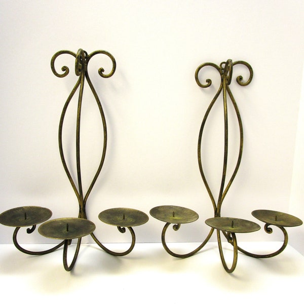 Antique Brass Color Tall Wrought Iron Triple Candleholder Wall Sconce Set Pillar Candleholders  Sconces Indoor Outdoor Candleholders