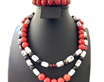 Artisan Red Coral Jadiete Obsidian Gray White Marbled Jasper long chunky Necklace 36" + 3 Strand Stretch Bracelet Set: Boho