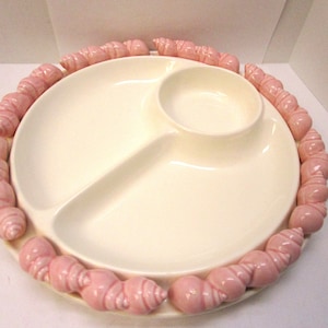Plato de porcelana Shafford de 13" Plato dividido de 3 secciones Plato de concha rosa Plato de salsa de chips Plato de mariscos Cocina de playa náutica