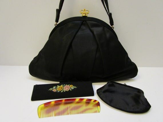 1940s Saks Fifth Avenue Handbag Black Silk Bag Jeweled Crown 