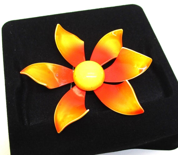 Large Flower Power Pinwheel Flower Pin Bright Ora… - image 2