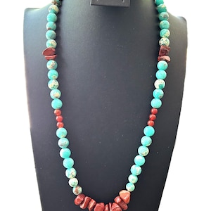 Melierte Türkis-Blau Sea Jaspis & Natürliche Roter Jaspis Granat Perlen-Halskette 24 &quot;Rosa-Roségold-Ton