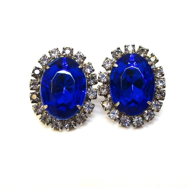 RARE Vintage Estate Elsa Schiaparelli Earrings Large Oval Faceted Blue Sapphire Glass Clear Austrian Crystal Halo Schiaparelli Book Pieces