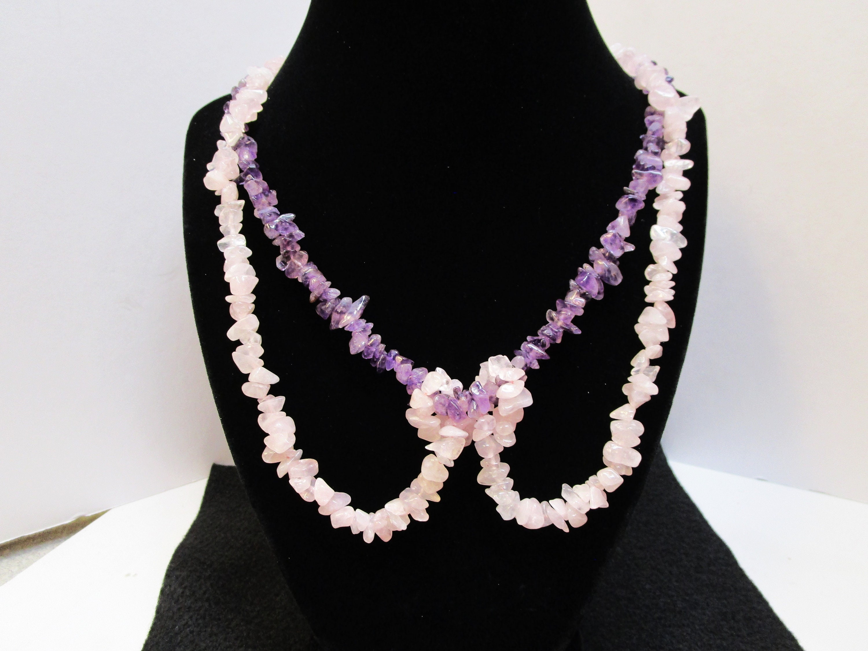 Long Strands Natural Tumbled Pink and Purple Amethyst Necklace