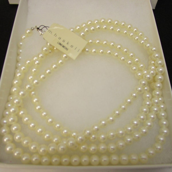Miriam Haskell 60" Faux White Pearl Necklace Extra Long Pearl Bead Necklace M Haskell Hangtag Long Pearly White Bead Necklace Gatsby Length