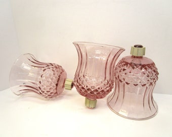 3 Vintage Home Interiors Mauve Glass Votive Cups Votive Candle Holders Tall Glass Votive Candle Cups Sconce Globes Hobnail Pineapple Motif