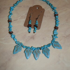 Beaded Turquoise Leaf Necklace and Earring Set