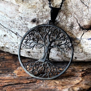 Black Yggdrasil Necklace, Celtic Tree of Life Pendant, Viking Necklace, Stainless Steel World Tree Wiccan Amulet, Pagan Viking Jewelry