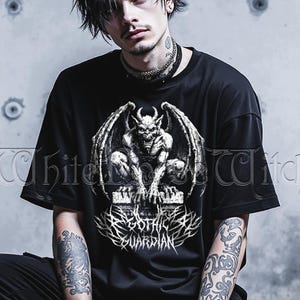 Gothic Gargoyle T-Shirt, Medieval Fantasy Tee, Gothic Guardian Shirt, Dark Goth Clothing, Occult Alternative Streetwear, Edgy Weirdcore Gift