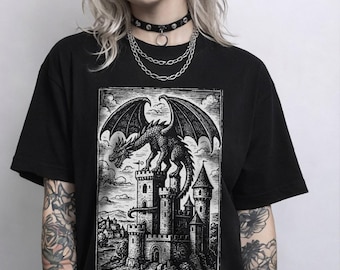 Medieval Dragon Castle T-Shirt, Gothic Dragon Fantasy Art Tee, Dark Academia Goth Shirt
