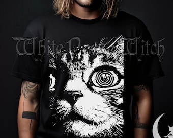 Maglietta con gatto ipnotico, maglietta con gatto psichedelico e psichedelico, maglietta grunge punk, moda alternativa gotica estetica dark, maglietta gotica con gatto strano e inquietante