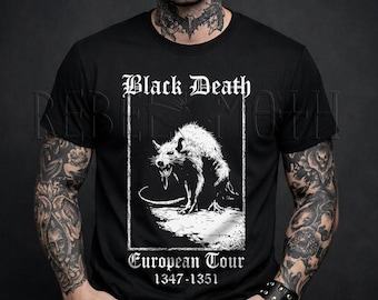 Camiseta medieval de la gira europea de la Peste Negra, camiseta de la rata de la peste, camiseta de terror gótico, ropa grunge gótica, estilo dark academia, moda weirdcore.