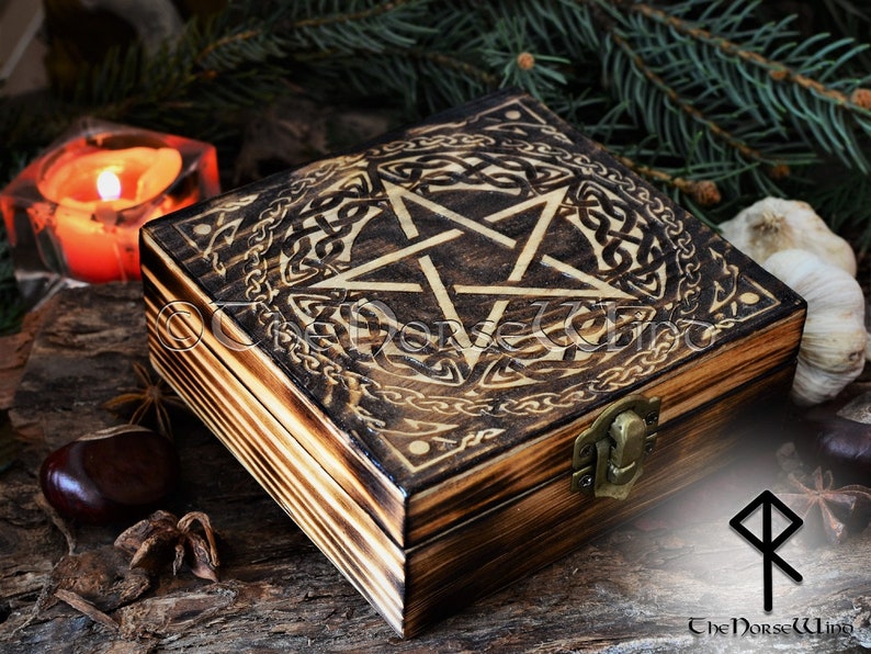 Wooden Box Jewelry-Tarot Cards-WICCA - 4/" x 6/" NEW {:- Pentacle Pentagram