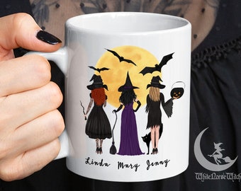 Taza personalizada de brujas de Halloween, taza de mejores amigas de brujas, regalo de cumpleaños de brujería, taza con nombre personalizado de brujas, taza de café Wicca