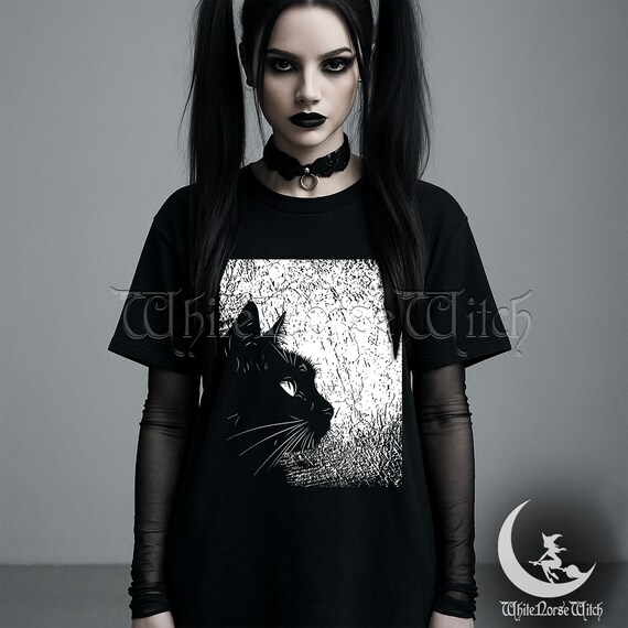 Grunge Black Cat T-Shirt: Weird Gothic Witch Graphic Tee