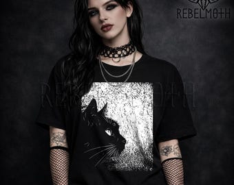 Svart kattsilhuett-t-shirt, konstig grunge-t-shirt, alternativ grafisk t-shirt, mörk estetisk t-shirt, alternativa kläder, edgy katt-t-shirt