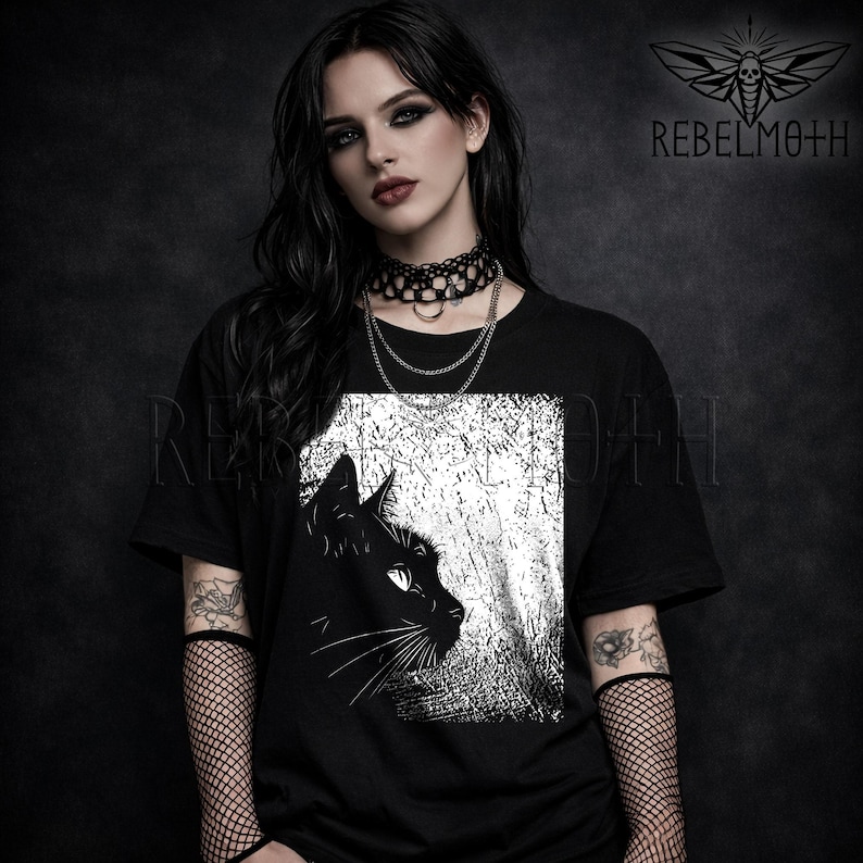 Black Cat Silhouette T-Shirt, Weird Grunge Gothic Tee, Alternative Graphic Tee, Dark Aesthetic Shirt, Alt Clothing, Edgy Cat Tshirt