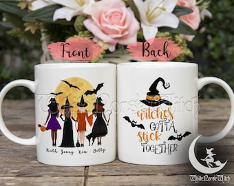 Taza personalizada de las mejores brujas - Las brujas deben permanecer unidas - Taza de café personalizada de 4 brujas mejores amigas, regalo de Halloween/Wiccan/cumpleaños