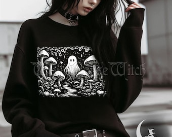 Ghost in Mushroom Forest Sweatshirt, Goth Linocut Crewneck, Goblincore Weirdcore Alt Fashion