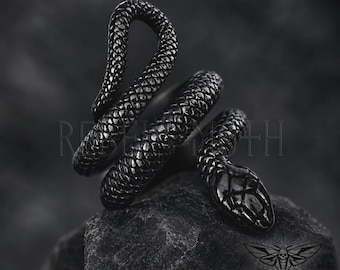 Gothic Snake Ring, Black Serpent Ring, Stainless Steel Goth Ring, Black Men's Ring, Grunge Alternative Jewelry, Weirdcore Crust Punk Ring