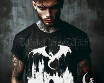 Mittelalterliches Drache-T-Shirt, gotisches Schloss dunkel Fantasy-Kunst-T-Shirt, dunkle ästhetische Kleidung, Alt / seltsam / kantig, Unisex