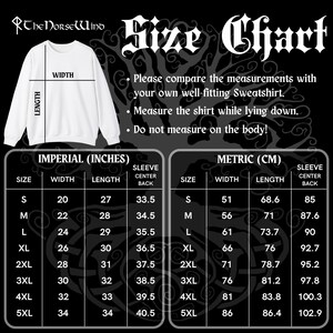 May include: Size chart for a sweatshirt, showing measurements in inches and centimeters for different sizes, from S to 5XL. The chart includes width, length, and sleeve center back measurements.