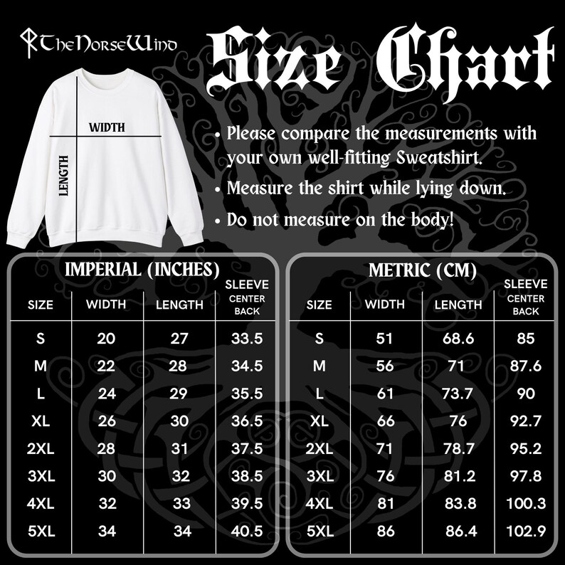 May include: Size chart for a sweatshirt, showing measurements in inches and centimeters for different sizes, from S to 5XL. The chart includes width, length, and sleeve center back measurements.