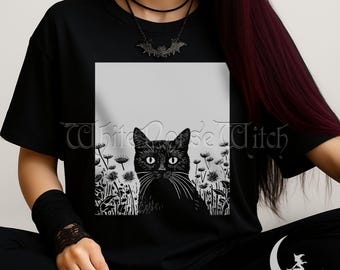 Gothic schwarze Katze Linoldruck T-Shirt, Katze im Blumengarten T-Shirt, dunkle ästhetische Kunst Tshirt, Alt / Edgy / Grunge / Emo Kleidung