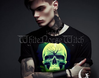 Gothic Skull T-Shirt, Neon Green Skeleton Graphic Tee