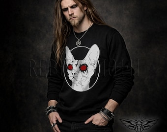 Sphynx Katze Okkultes Sweatshirt | Dunkler Gothic Rundhalsausschnitt | Schwarze Metall satanische Katze | Unisex Alt Streetwear