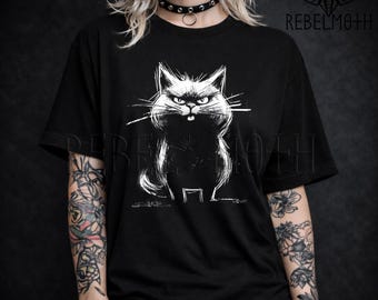 Maglietta emo Bad Black Cat, maglietta Angry Goth Cat, maglietta Edgy Sketch, moda alternativa estetica dark Whimsigoth, moda emo Alt Gothcore