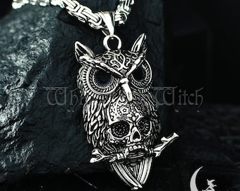 Gothic Eulen Schädel Halskette, Edelstahl Memento Mori Anhänger