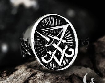 Bague Sceau de Lucifer, bijoux occultes sataniques gothiques en acier inoxydable
