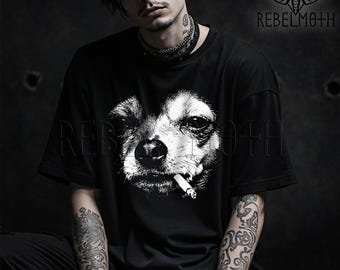 Rauchen Chihuahua Shirt, Grunge Y2K Hunde Gesicht Grafik T-Shirt, Lustiges Chihuahua T-Shirt, Vintage Alt Hunde Shirt, Unisex Punk Streetwear Top