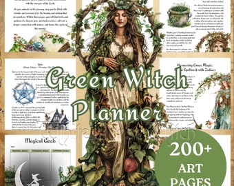 Green Witch Planner MEGA Journal Kit 200+ Pages Digital Witchy Junk Journal, Undated Printable PDF Witch Grimoire, Illustrated Art Pages
