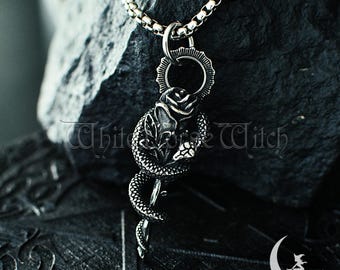 Gothic Schlangen Rose Halskette, Edelstahl Schlangen Anhänger, Dark Goth Schmuck