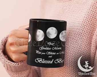 Moon Phases Mug, Wiccan Decor Moon Goddess Prayer Mug, Witchy Gift - Witches Coffee Mug, Black Ceramic Pagan Cup 11oz