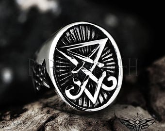Sigil of Lucifer Occult Ring, Gothic Stainless Steel Signet Ring, Satanic Goth Metalhead Jewelry, Solid Mens Ring
