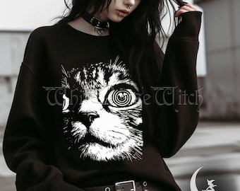 Psychedelisches Katzen Sweatshirt, Trippy Katzen Goth Shirt, Alternative Grunge Katzen Rundhalsausschnitt, Hypnotische Katzenaugen Weird Pullover