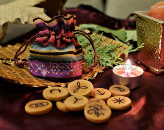 Witches Runes, 13 Wooden Runes Set with Ethnic Pouch Bag, Wiccan Runes Kit, Pagan Runes, Witch Runes, Occult, Witchcraft