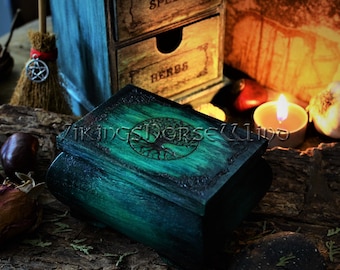 Boîte en bois Yggdrasil, coffre de runes de sorcellerie, boîte à bijoux verte arbre de vie, souvenir de sorcière, petite boîte de tarot, boîte de runes d'autel, décoration wicca