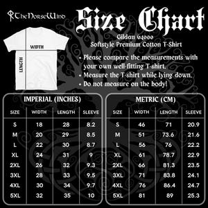 May include: Size chart for Gildan 64000 Softstyle Premium Cotton T-Shirt. Includes measurements in inches for width, length, and sleeve for sizes S to 5XL. Instructions advise measuring the shirt while lying flat.