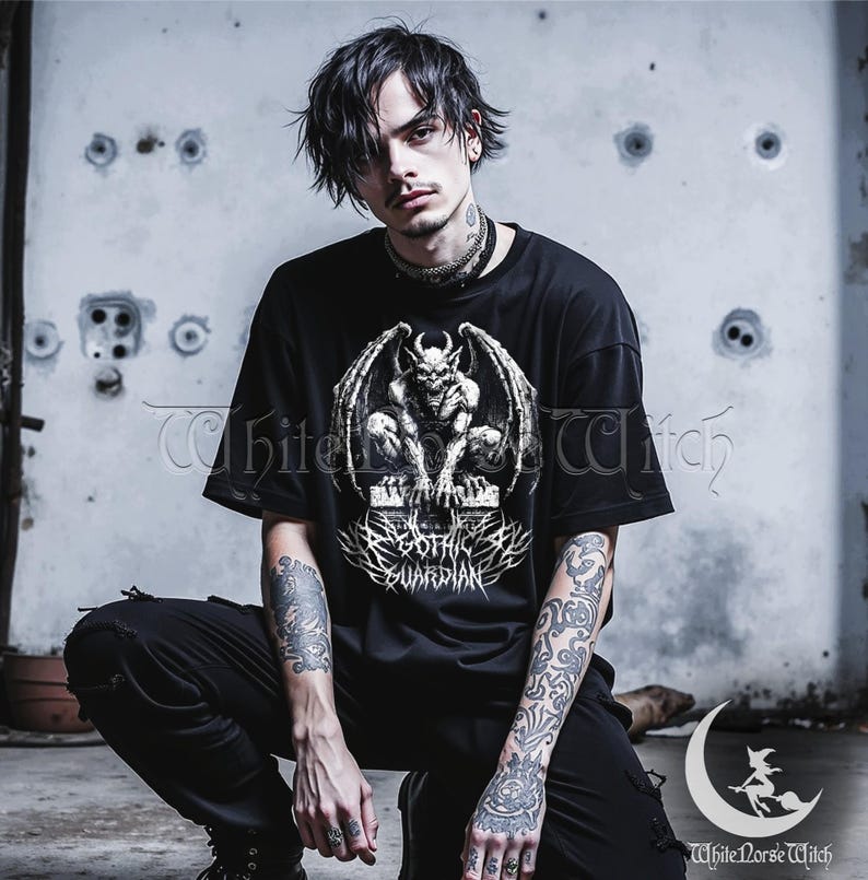 Gothic Gargoyle T-Shirt, Medieval Fantasy Tee, Gothic Guardian Shirt, Dark Goth Clothing, Occult Alternative Streetwear, Edgy Weirdcore Gift
