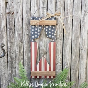Primitive American Flag Wooden Shutter Americana Star Door Hanger