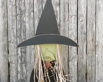 Wooden Primitive Witch Standing Halloween Decor