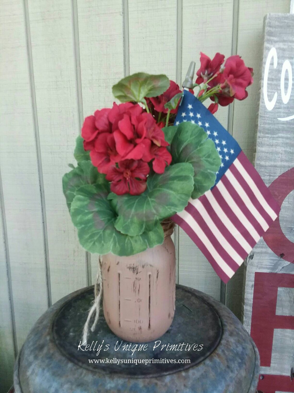 Primitive Americana Geranium Floral Arrangement Patriotic Decor ...
