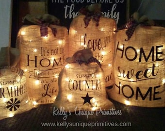 Lighted Burlap Sack Burlap Bag Country Decor Primitive Country Decor Farmhouse